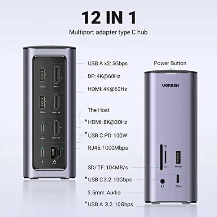 Docking Station Triple Display, 12-in-1 USB C MacBook Docking Station with 2 HDMI DP 8K, 10 Gbps USB C and USB-A Data, 100W PD Charging, Ethernet, Audio, SD TF Card Reader for Mac OS, Windows