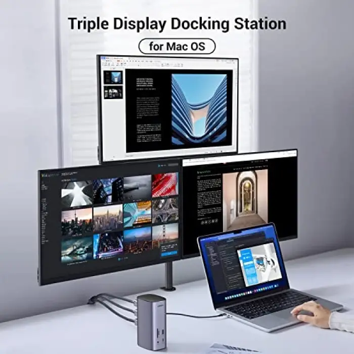 Docking Station Triple Display, 12-in-1 USB C MacBook Docking Station with 2 HDMI DP 8K, 10 Gbps USB C and USB-A Data, 100W PD Charging, Ethernet, Audio, SD TF Card Reader for Mac OS, Windows
