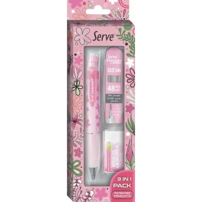 Doğa Desenli Deep Kalem, Deep Silgi ve Deep Min, 0.7 mm, Şeker Pembe