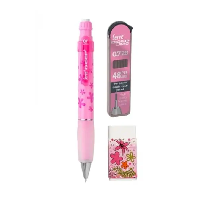 Doğa Desenli Deep Kalem, Deep Silgi ve Deep Min, 0.7 mm, Şeker Pembe