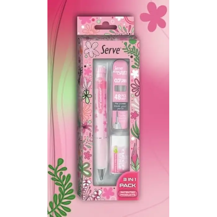 Doğa Desenli Deep Kalem, Deep Silgi ve Deep Min, 0.7 mm, Şeker Pembe