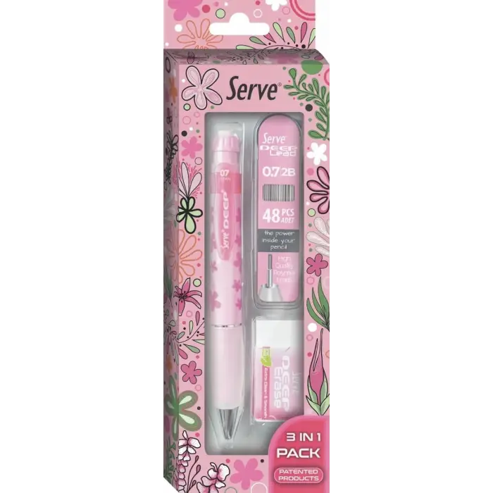 Doğa Desenli Deep Kalem, Deep Silgi ve Deep Min, 0.7 mm, Şeker Pembe