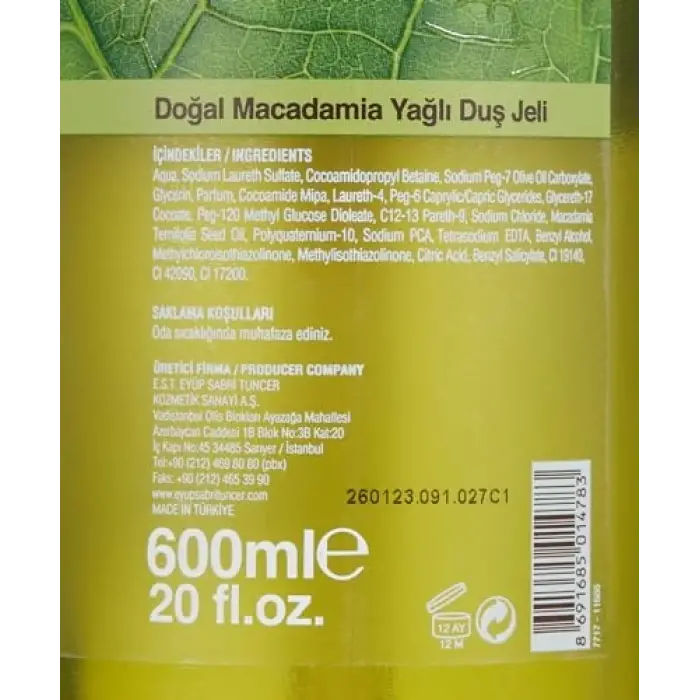 Doğal Macadamia Yağlı Duş Jeli (600 Ml)