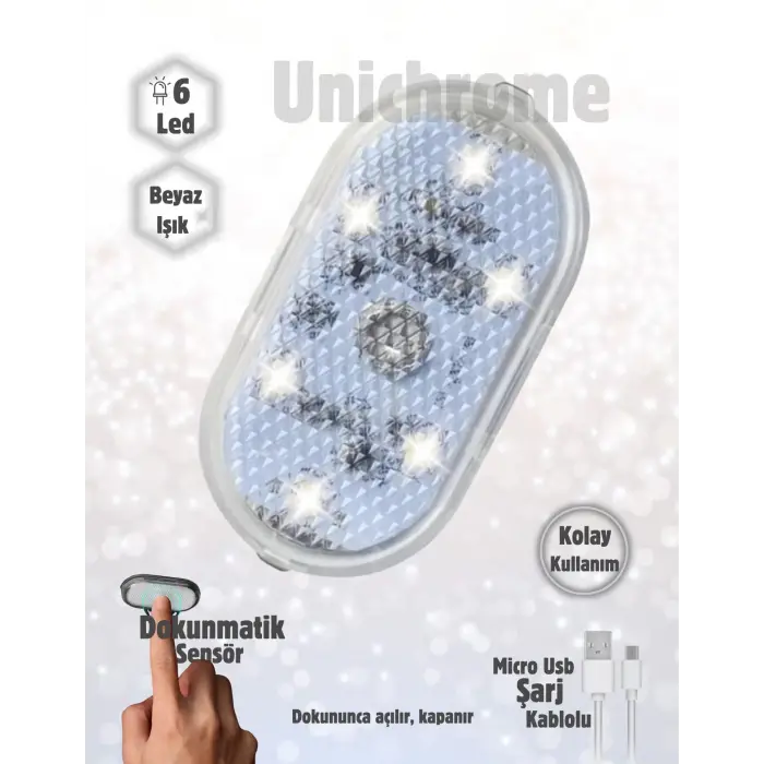 Dokunmatik Sensörlü Mini 6 LED USB Şarj Edilebilir Mıknatıslı Torpido Lambası