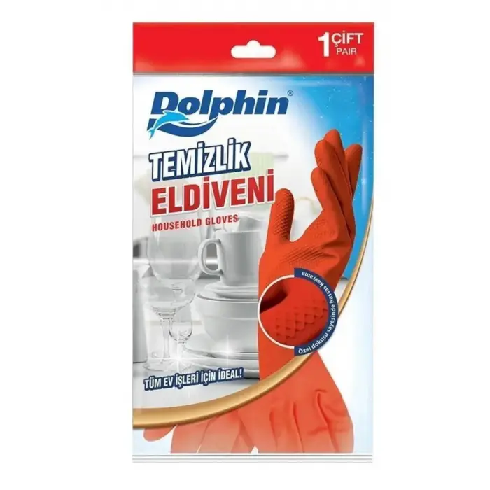 Dolphin Temizlik Eldiveni, 1 Çift, Kauçuk, Kırmızı