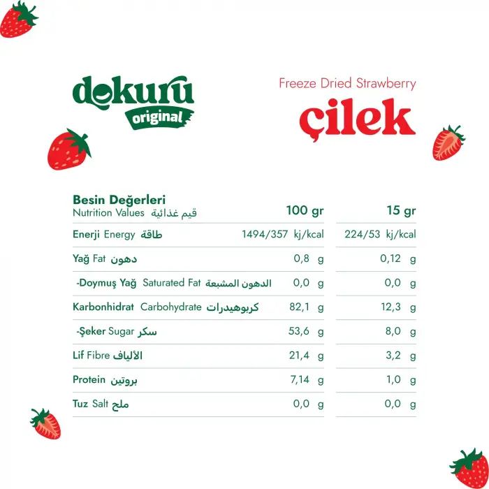 Dondurularak kurutulmuş çilek meyve cipsi, 15 g