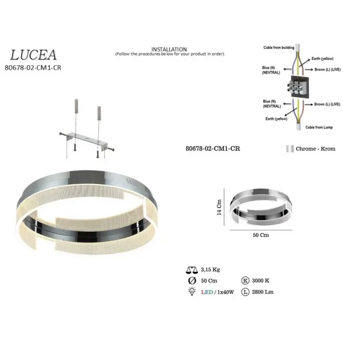 Dorada Orta Boy Ledli Krom Plafonyer 40w 3000k