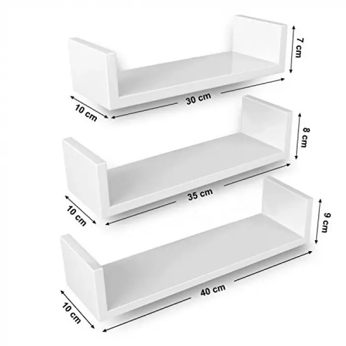 Duvar Rafları, 3lü Set, U Şeklinde Yüzer Raflar, Mdf, Beyaz, Lws40Wt