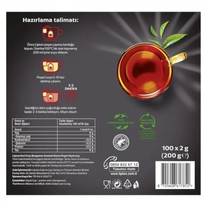 Earl Grey Bardak Poşet Çay 100lü 200G