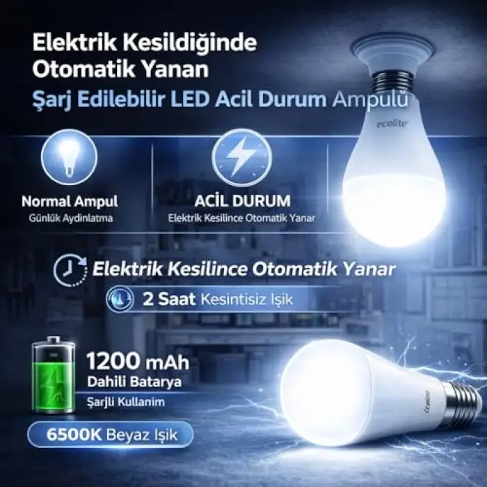 Ecolite Şarjlı LED Acil Durum Ampulü 9W E27 6500K