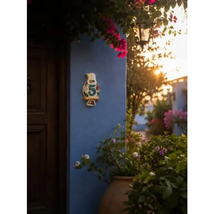 El Yapımı Seramik Kuş Figürlü Kapı Numarası Dekoratif Ev Numarası, Mavi, 5