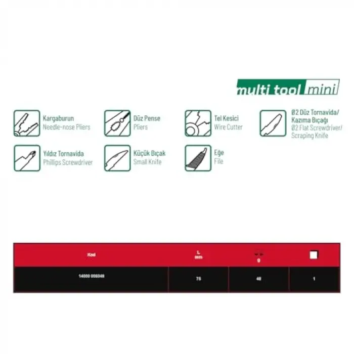Elta Multi Tool Mini, 7 Fonksiyonlu Katlanır Çok Amaçlı Pense, Paslanmaz Çelik, 75 mm