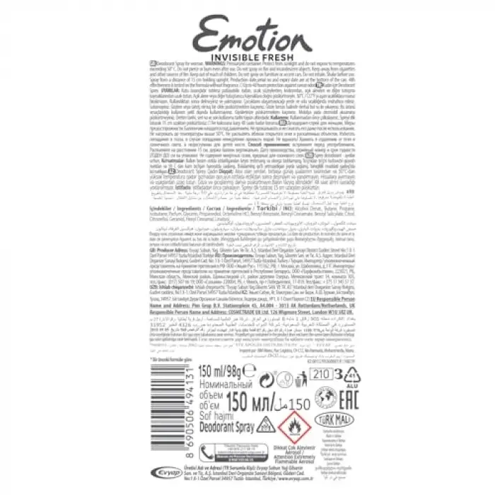 Emotion Invisible Fresh Kadın Deodorant, 150 ml