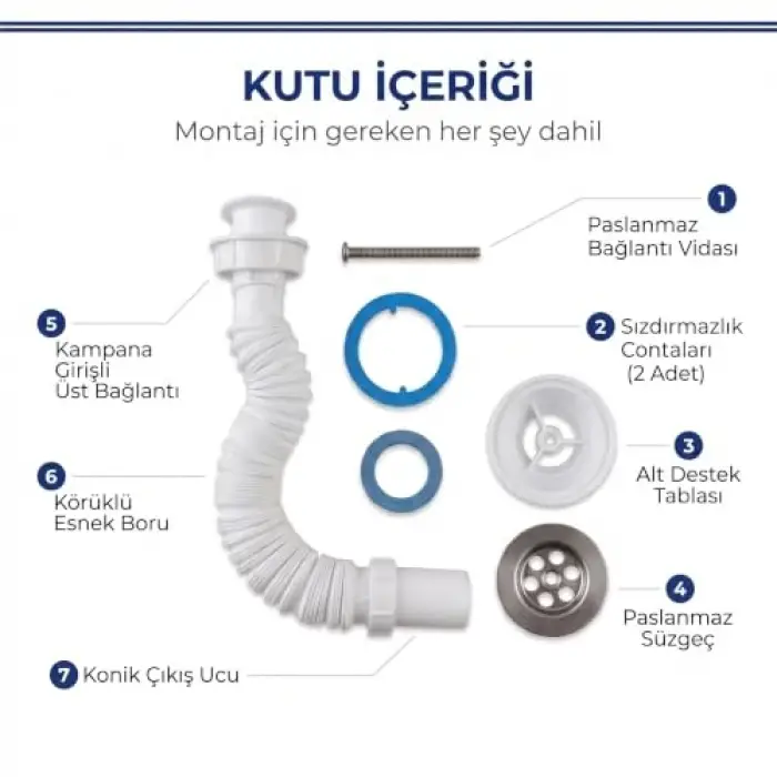 Esnek Körüklü Lavabo Sifon Seti, Paslanmaz Çelik Süzgeçli