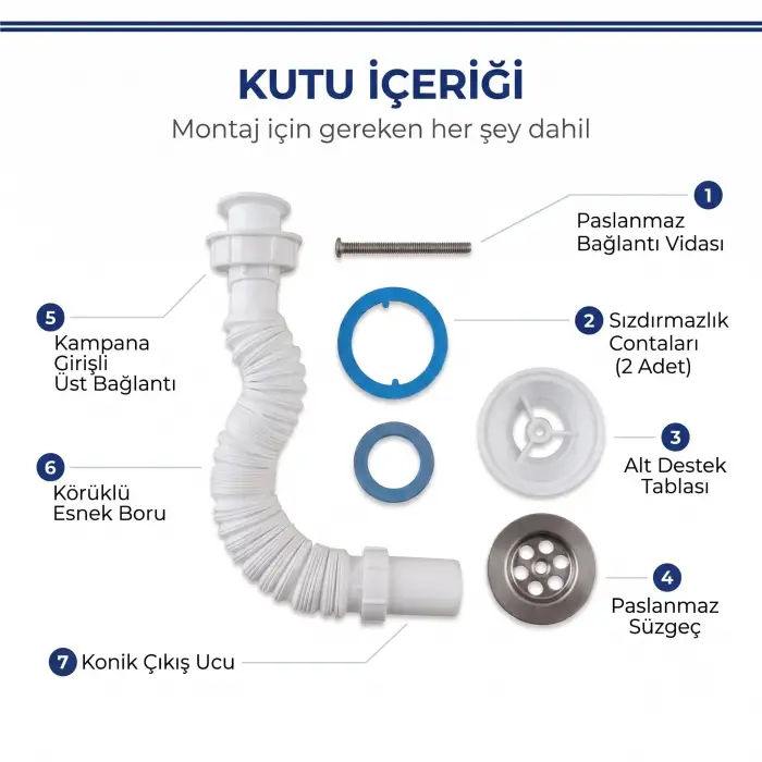 Esnek Körüklü Lavabo Sifon Seti, Paslanmaz Çelik Süzgeçli