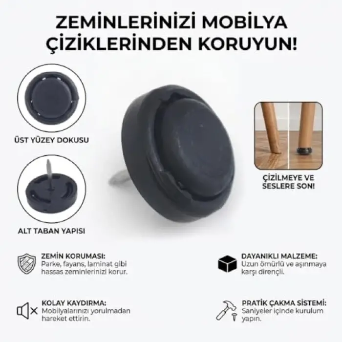 Eymen Yapı Silentplug Sessiz Tapa Masa Sandalye Çivili Polygrid, 24 Adet, Siyah