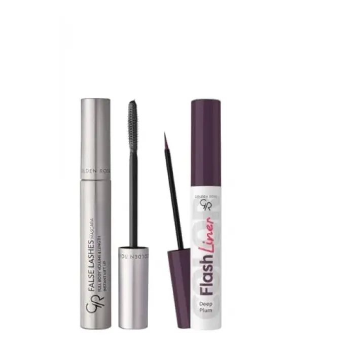 False Lashes Siyah Maskara ve Flash Liner Mürdüm Eyeliner Makyaj Seti