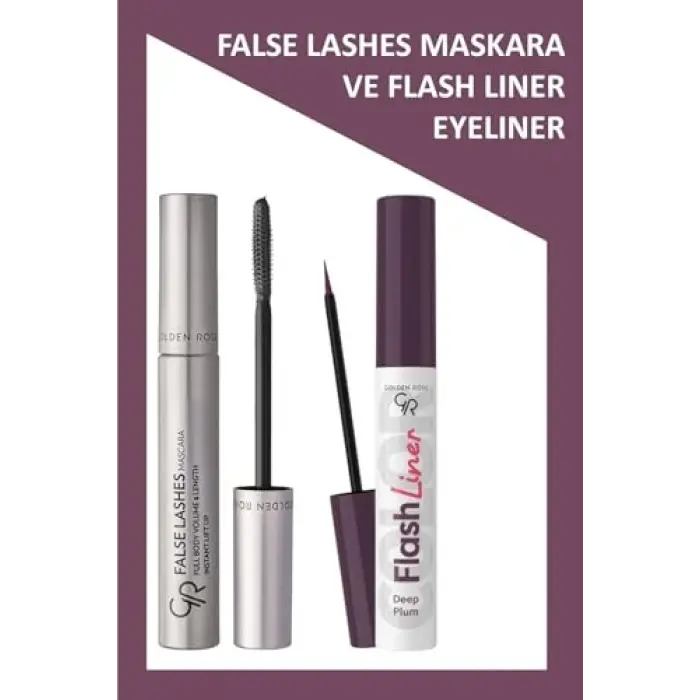 False Lashes Siyah Maskara ve Flash Liner Mürdüm Eyeliner Makyaj Seti