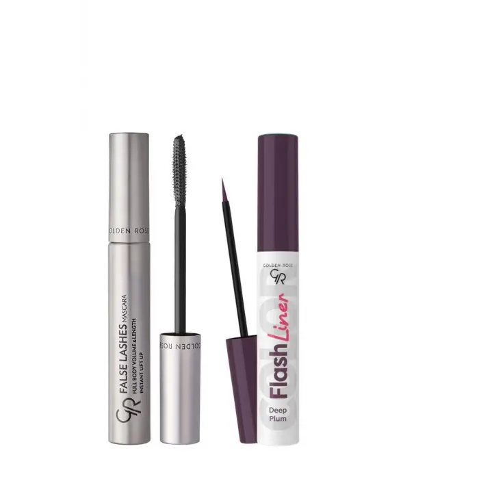 False Lashes Siyah Maskara ve Flash Liner Mürdüm Eyeliner Makyaj Seti