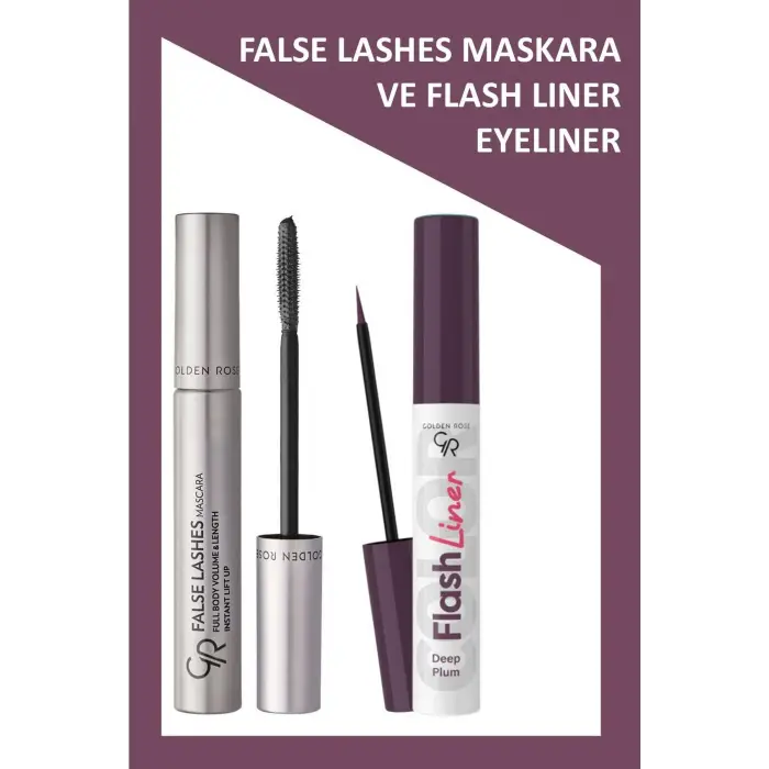 False Lashes Siyah Maskara ve Flash Liner Mürdüm Eyeliner Makyaj Seti
