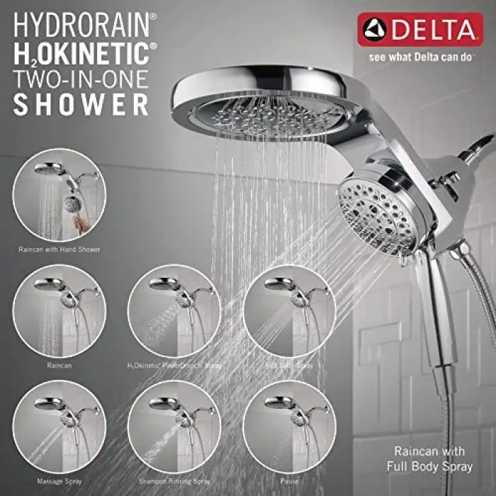 Faucet HydroRain 5-Spray H2Okinetic çift duş başlığı, el spreyi, hortumlu krom duş başlığı, el duş başlıkları, çıkarılabilir duş başlığı, 2,5 GPM akış hızı, krom 58680-25