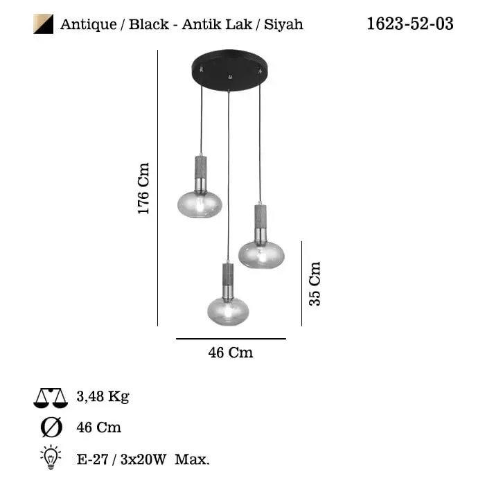 Fontas 3lü Antik Lak Sarkıt Avize, 3 X E27