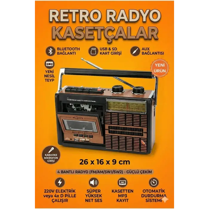 FP-319BT Bluetooth Kaset Çalar, USB ve SD Girişli FM Radyo