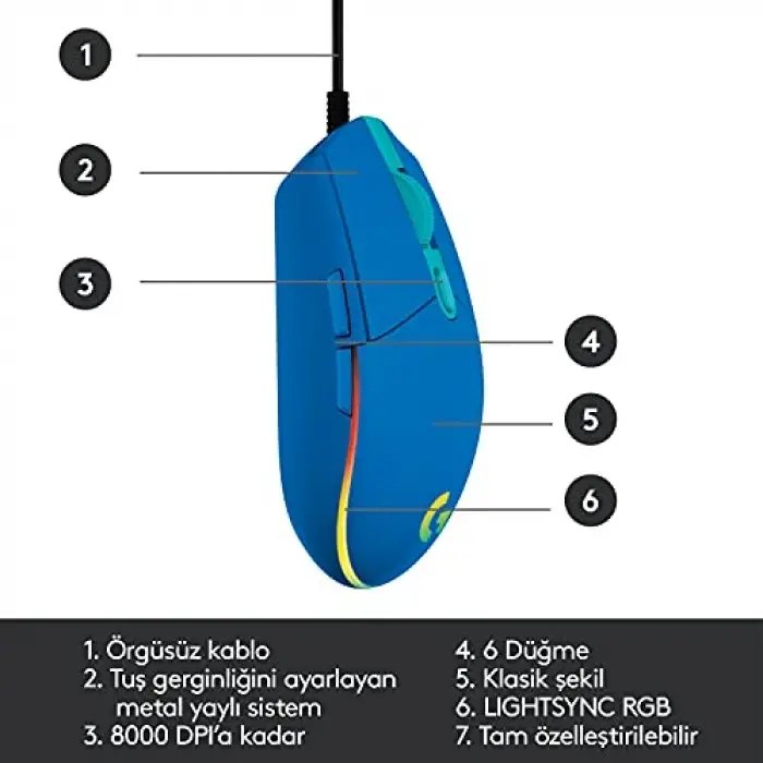 G102 Kablolu Oyuncu Mouse, Lıghtsync RGB Aydınlatma, 8.000 Dpı, 6 Programlanabilir Tuş, Mavi