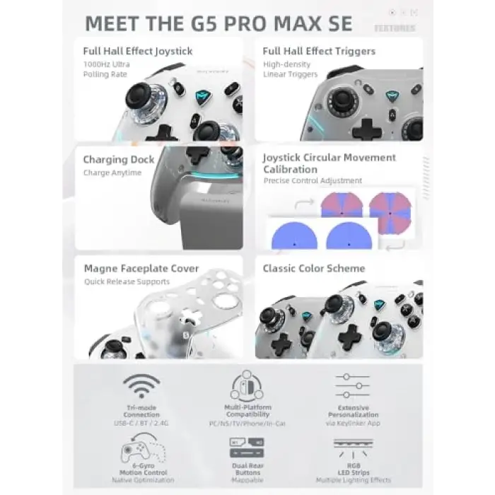 G5 Pro Max SE Set Bluetooth Controller, Windows/Switch/Mac/PC/Steam/iOS/Android/TV/iPad 1000Hz, Hall Joysticks & Trigger, Şarj İstasyonu, Çift Geri Tuşlar