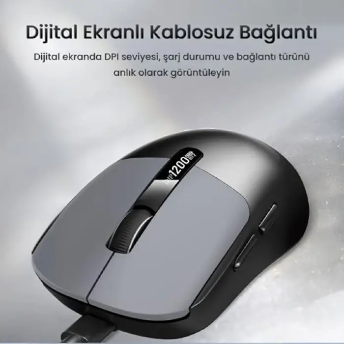 G900 çift modlu Bluetooth 5.3 ve 2.4GHz 3600DPI ekranlı şarjlı optik kablosuz mouse, siyah