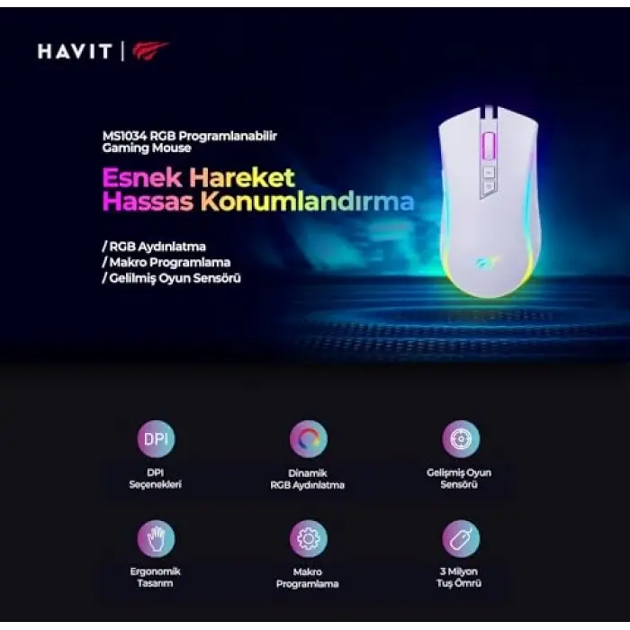 Gamenote MS1034 RGB Makrolu Programlanabilir Oyuncu Mouse, Beyaz