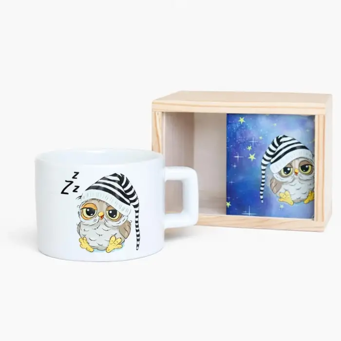 giftmoda Ahşap Kutusunda Sevimli Baykuş Kupa Bardak