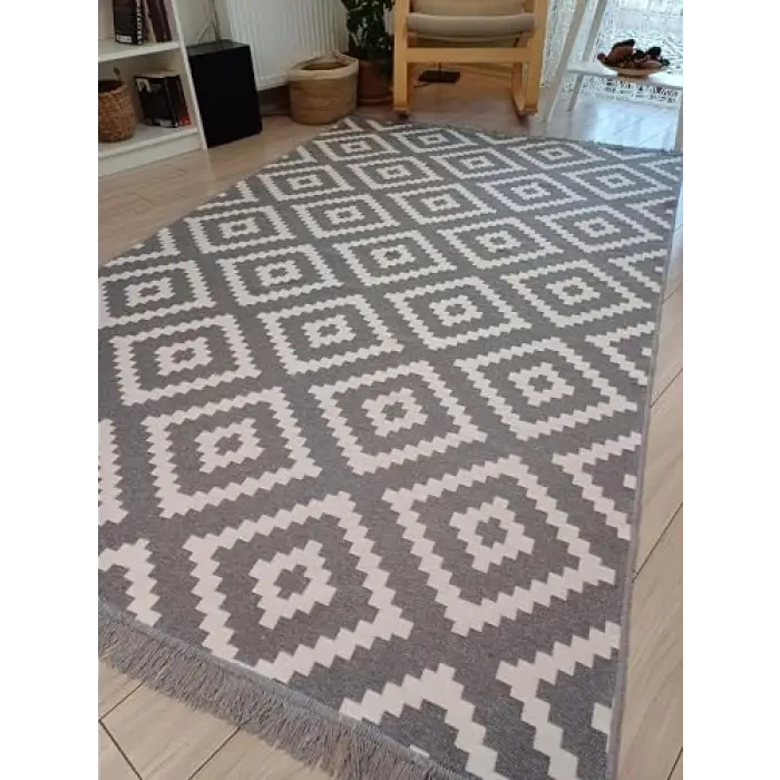 Gri-Beyaz Çift Taraflı Dokuma Kilim, 80 * 200 cm