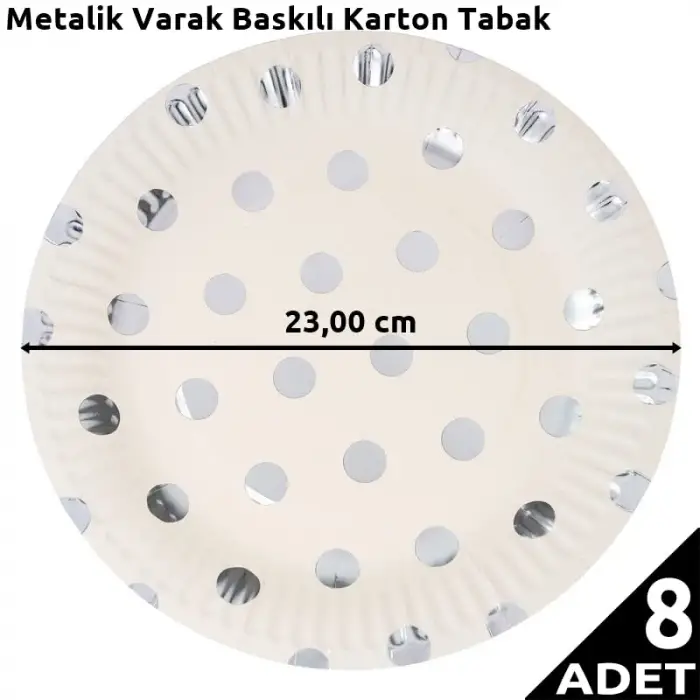 Gümüş Puanlı Varak Baskılı Karton Tabak, 23 cm, 8 Adet
