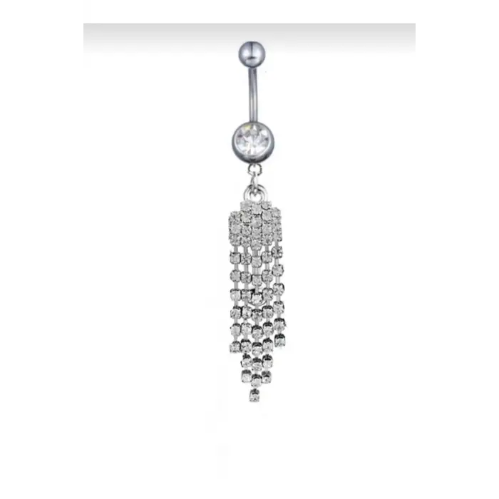 Gümüş Taşlı Sallantılı Çelik Göbek Piercing