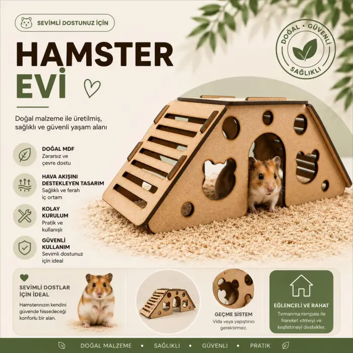 Ham Mdf Tırmanma Rampalı Ahşap Hamster Evi, Geçme Sistemli