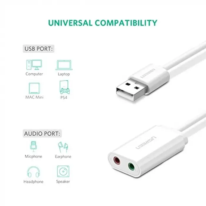 Harici 3.5 mm USB Ses Kartı, Beyaz