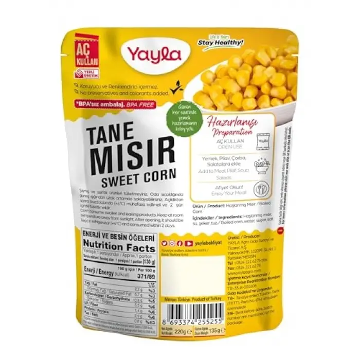 Haşlanmış Tane Mısır, 220 g Tekli Paket