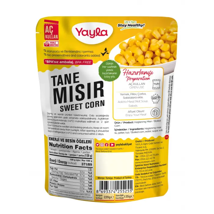 Haşlanmış Tane Mısır, 220 g Tekli Paket