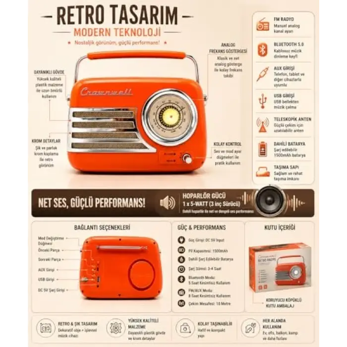 Havana Turuncu Retro Bluetooth FM Radyo