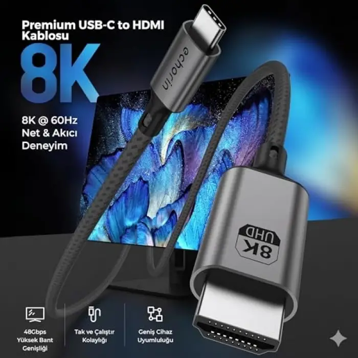 HDMI to Type C 8K 1.8m 48 Gbps Kablo