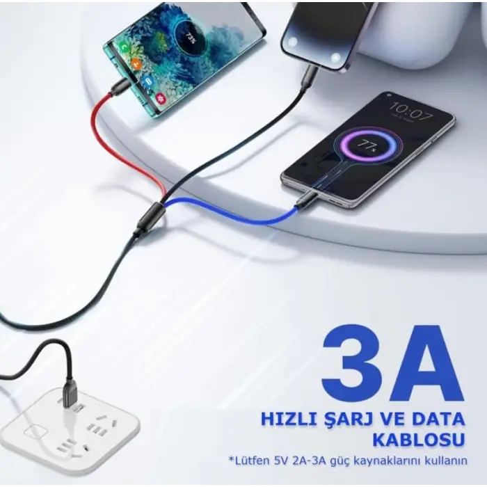 Hızlı Şarj ve Data Aktarım Kablosu, 60W - 3A USB A, Type C (Usb c), Micro USB, Lightning Uyumlu 3 ü 1 Arada Çoklu Kablo