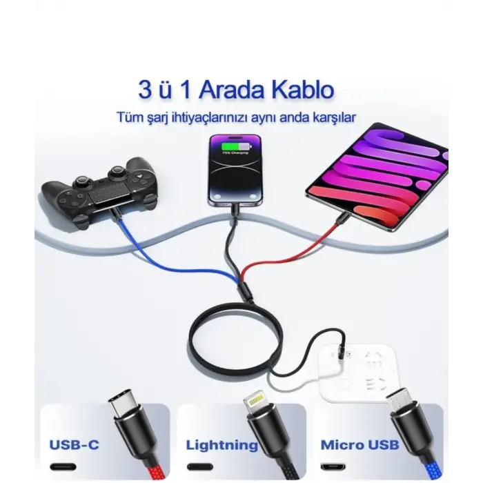 Hızlı Şarj ve Data Aktarım Kablosu, 60W - 3A USB A, Type C (Usb c), Micro USB, Lightning Uyumlu 3 ü 1 Arada Çoklu Kablo