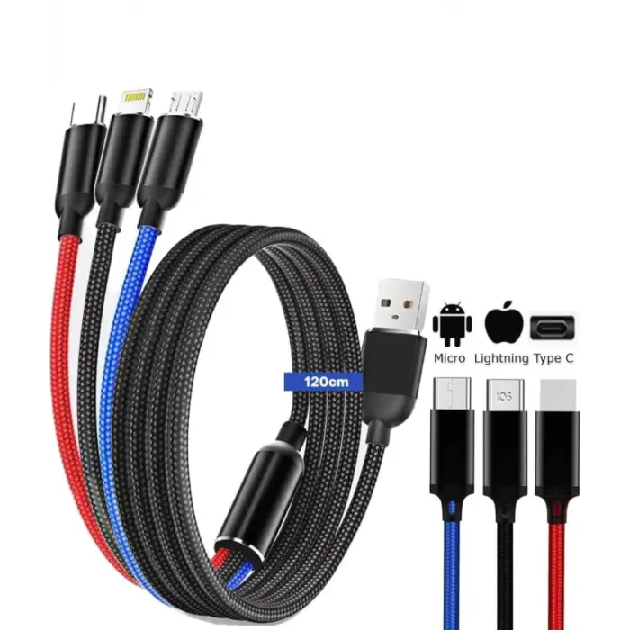 Hızlı Şarj ve Data Aktarım Kablosu, 60W - 3A USB A, Type C (Usb c), Micro USB, Lightning Uyumlu 3 ü 1 Arada Çoklu Kablo