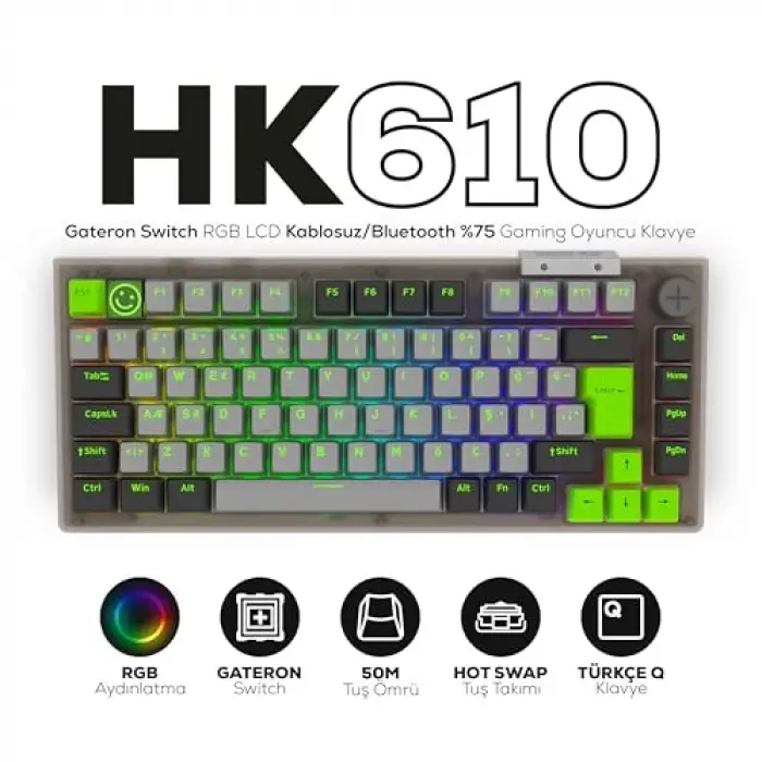 HK610 Gateron Switch RGB LCD Tri-Mode Kablosuz/Bluetooth %75 Gaming Klavye
