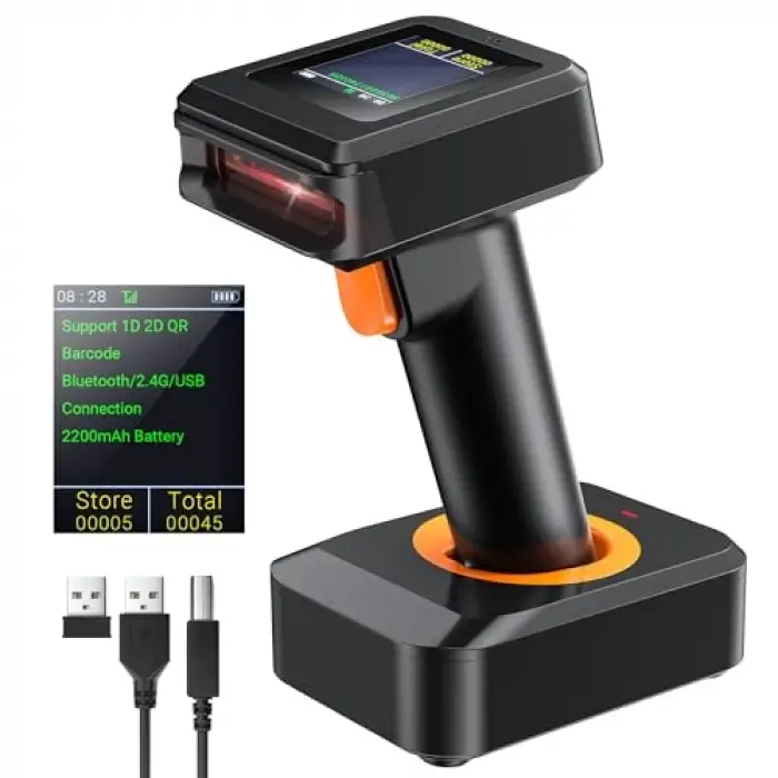 HW0006 | 2D Wireless Barcode Scanner with Display Screen – Bluetooth, 2.4G & USB 3-in-1 Kablosuz El Tipi Barkod Okuyucu