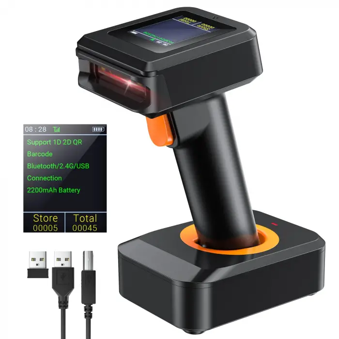 HW0006 | 2D Wireless Barcode Scanner with Display Screen – Bluetooth, 2.4G & USB 3-in-1 Kablosuz El Tipi Barkod Okuyucu