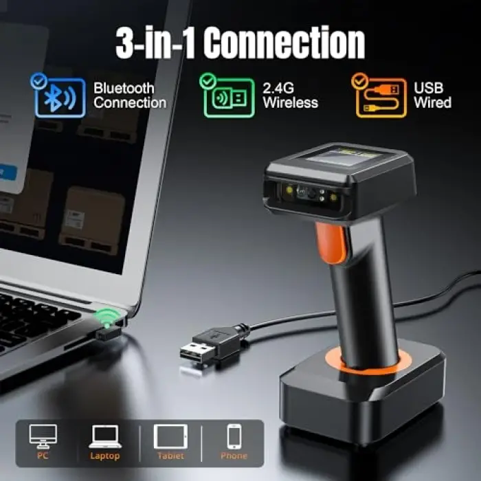 HW0006 | 2D Wireless Barcode Scanner with Display Screen – Bluetooth, 2.4G & USB 3-in-1 Kablosuz El Tipi Barkod Okuyucu
