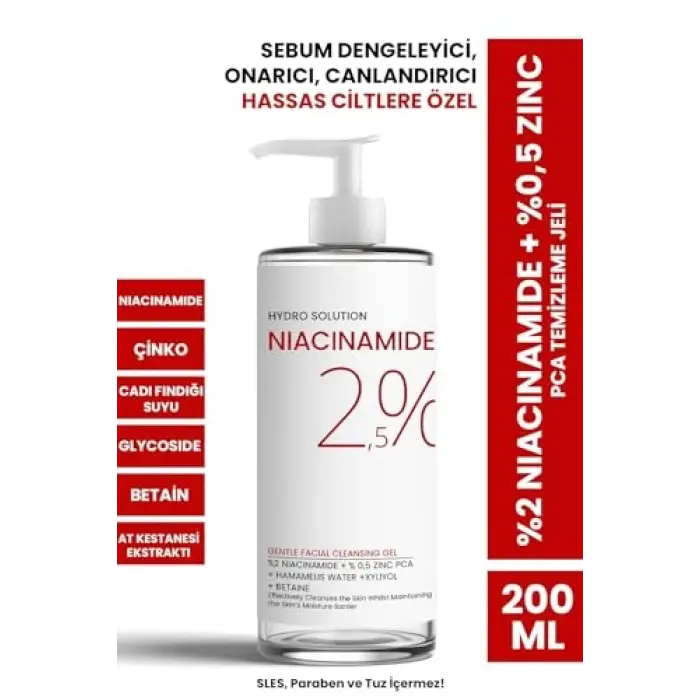 HYDRO SOLUTION%2 Niacinamide +%0,5 Zinc PCA Temizleme Jeli 200 ML