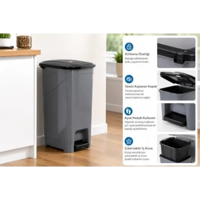 İç Kovalı Slim Pedallı Modern Çöp Kovası, Paslanmaz Çelik Görünümlü, 40 Litre